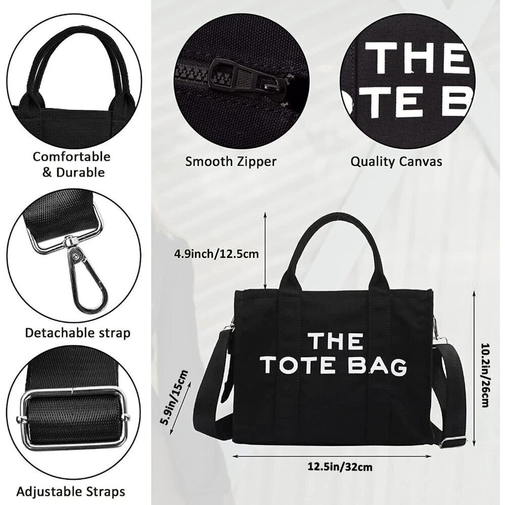 Women Black Personalized Canvas Crossbody Tote Bags with Zipper Mini Top-Handle - Picture 5 of 7
